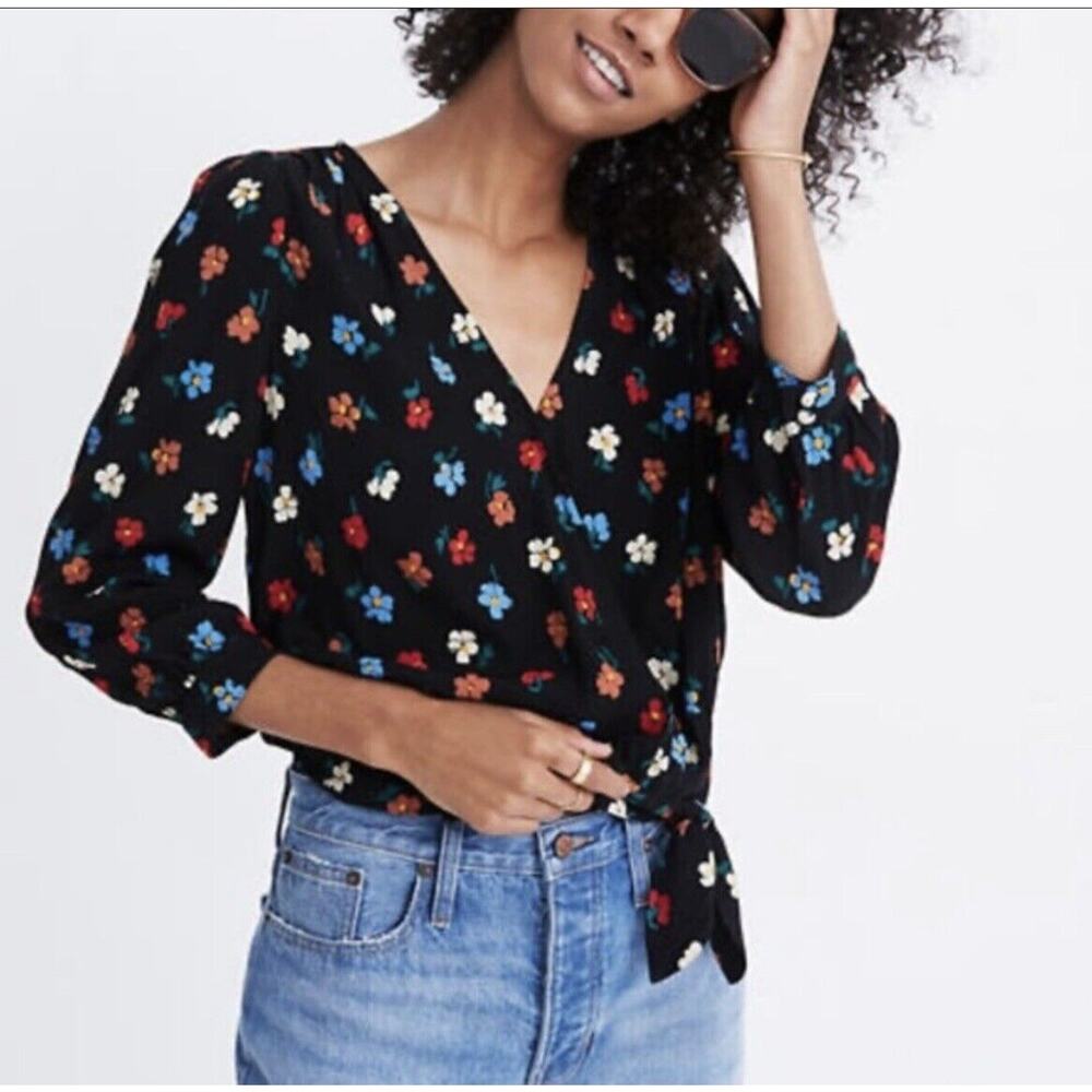 Madewell Wrap Top Blouse Size S Black Multi Pressed Flowers Manet 3/4 Sleeve‎